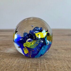 Handblown glass paperweight with underwater seascape design Murano style.